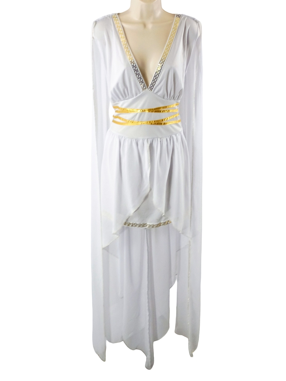 Fashion Nova White and Gold High Low Grecian Dress